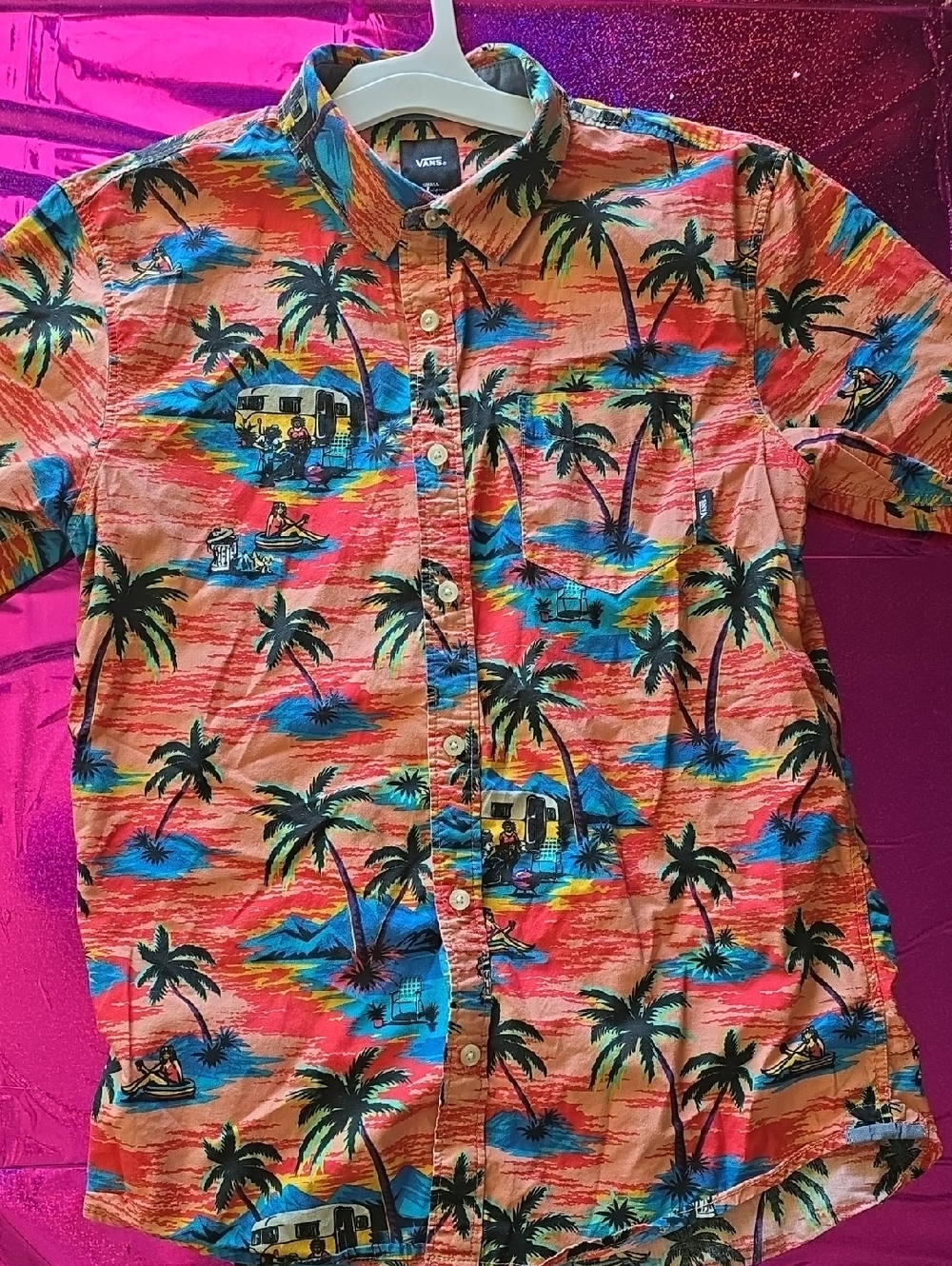 Vans Coral Tropical Palm Button-Down Shirt with Blue & Black Accents